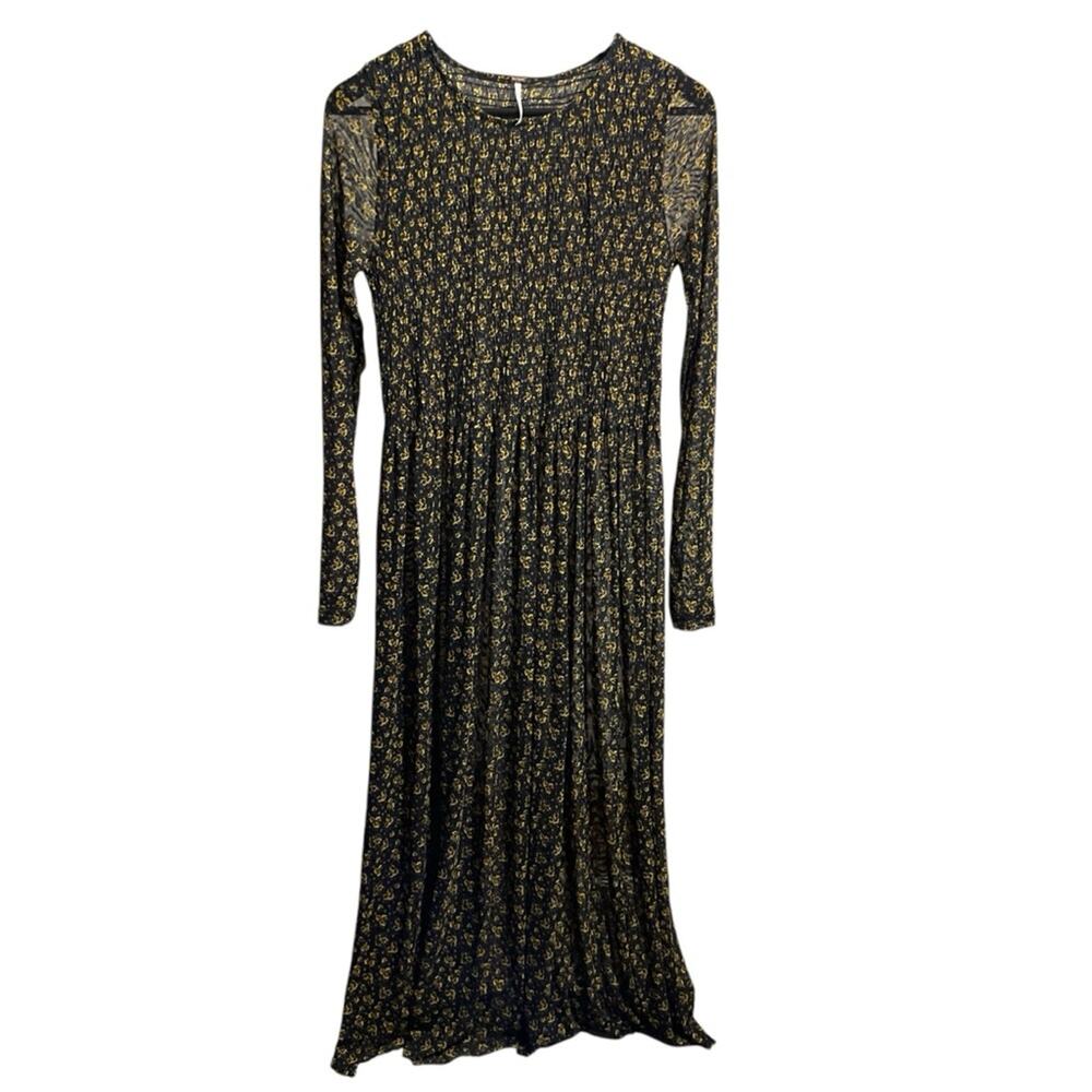 Free People Hello and Goodbye Mesh Midi Dress Sz S Semi Sheer Black Floral